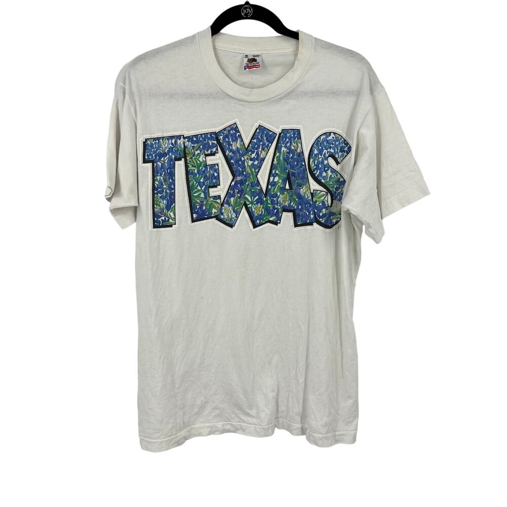 Vtg Texas‎ 1993 White & Blue Floral T-shirt Fruit Of Loom Cotton USA Made Medium